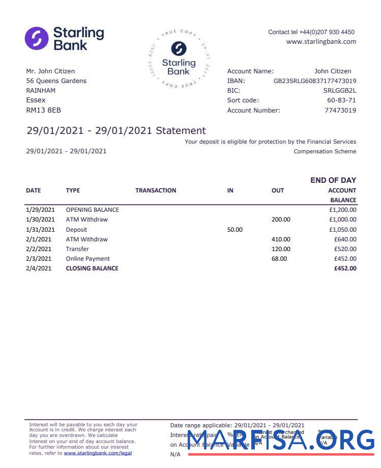 Printable United Kingdom Starling bank statement excel sample